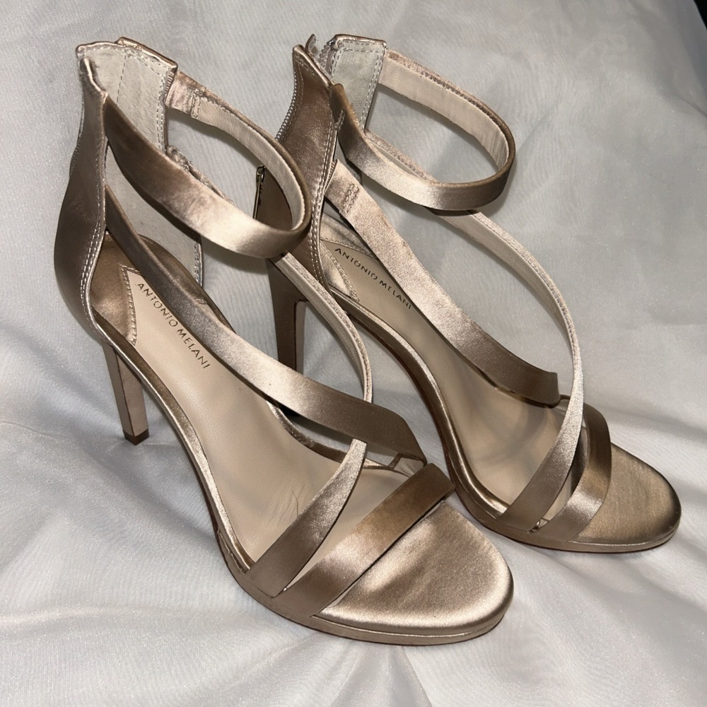 ANTONIO MELANI Rose Gold Satin Strappy High Heel Sandals